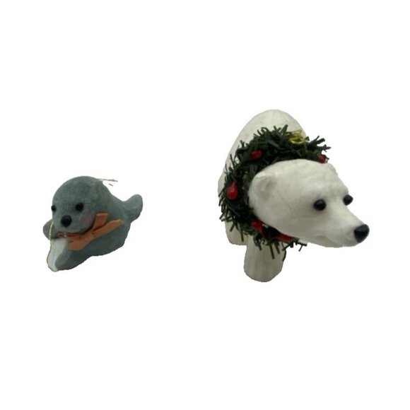 2 Fuzzy Christmas Ornaments Seal & Polar Bear Flocked Holiday Decor Kitsch Retro - Picture 1 of 12